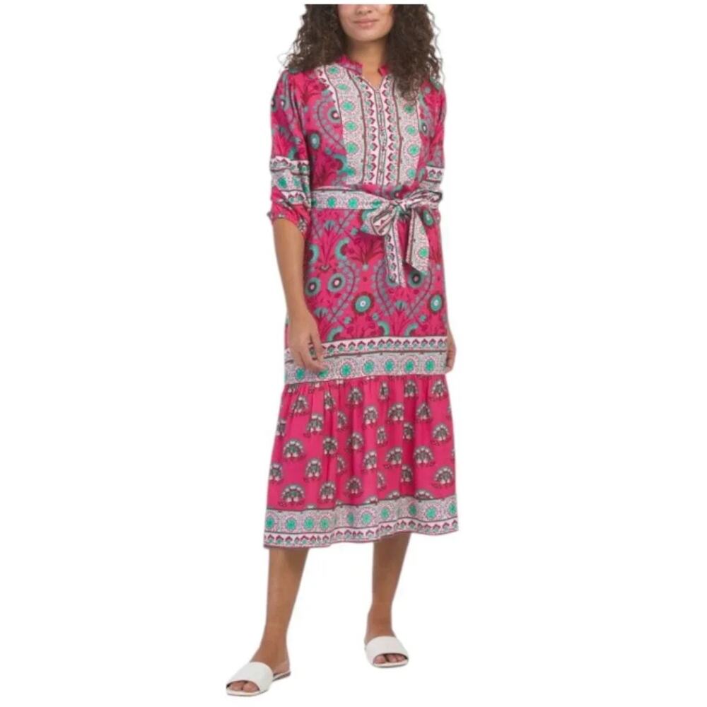 Celina Moon Pink & Green Abstract Printed Maxi Shirtdress Pockets Size Large